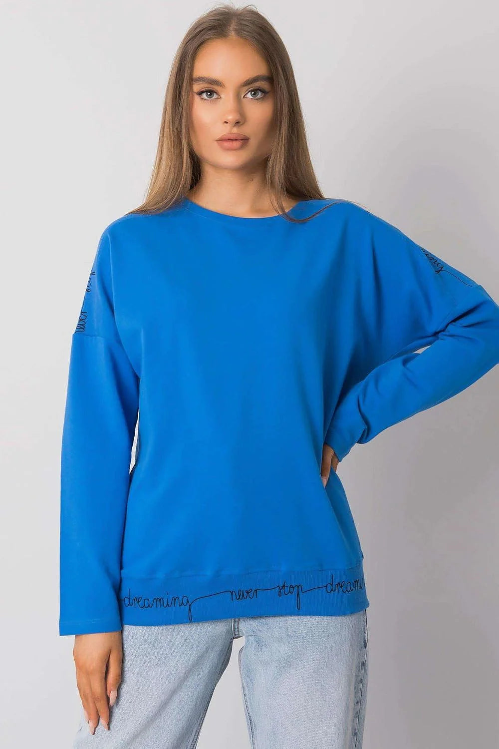 Sweatshirt coton décontracté bleu vif ample inscription motivante manches longues col rond pour femmes modernes