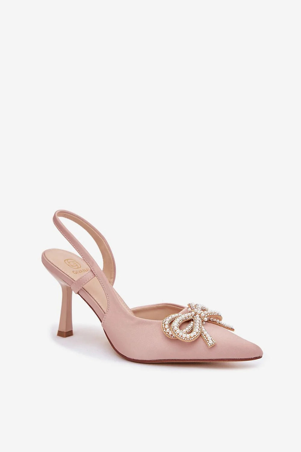 escarpins femme slingback satin rose poudré bout pointu talon moyen biseauté silhouette élancée nœud bijou perles zircons scintillants satinée cérémonie