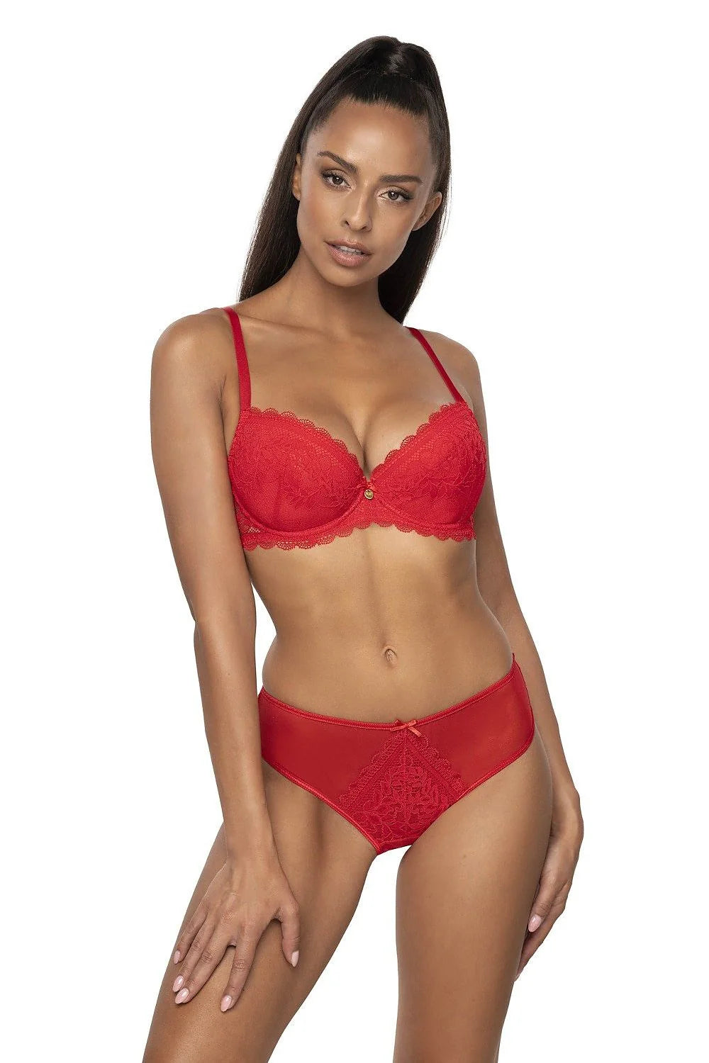 Soutien-gorge push-up dentelle élégant rouge vif bretelles ajustables charm métallique doublure coton microfibre maintien parfait femmes