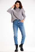 pull col roulé maille côtelée oversize gris clair coupe boxy manches longues tombantes longueur hanches tombé décontracté