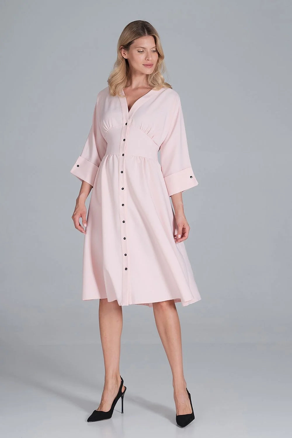 Robe midi polyester élégante rose vive manches trois-quarts boutons col V femme mode chic
