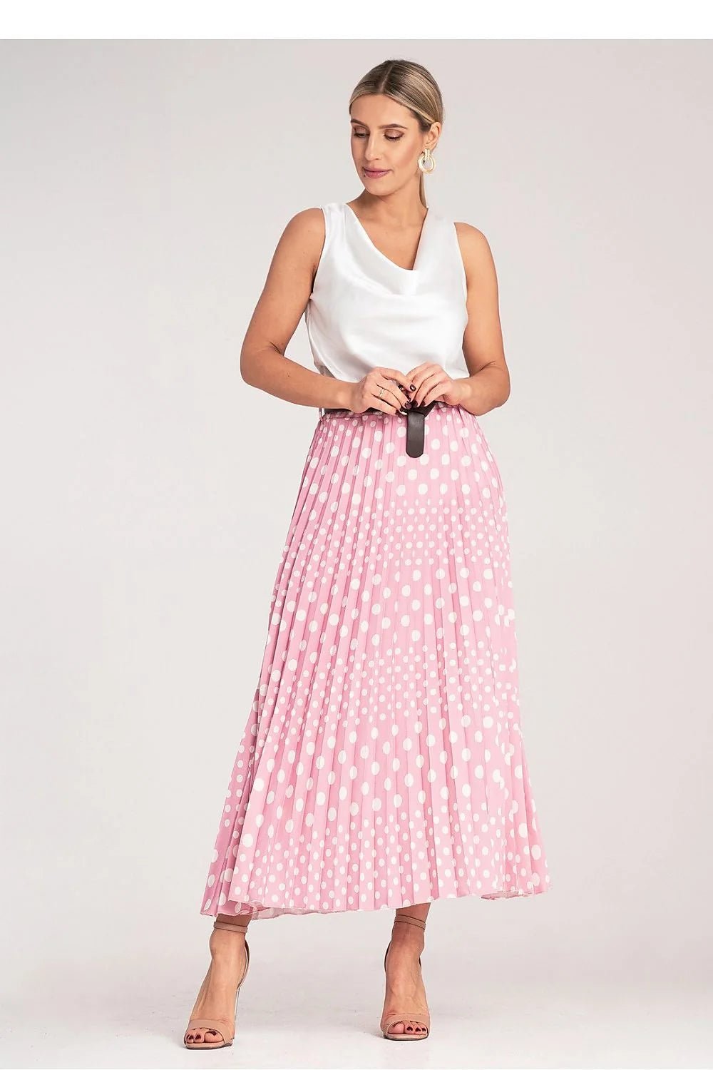 Jupe plissée à pois blancs en polyester taille haute ceinture dorée robe sans manches en satin blanc ensemble élégant pour femmes occasion spéciale