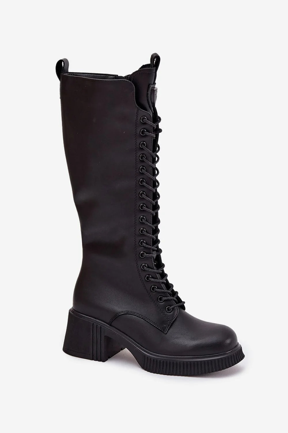bottes hautes femme cuir naturel talon bloc 6cm semelle crantée lacets intégral œillets métalliques fermeture éclair doublure chaude