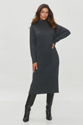 Robe pull maille Makadamia gris foncé col montant longueur mi-mollet maille côtelée femme