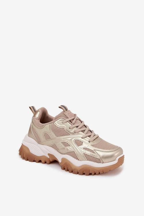 baskets femme BigStar cuir écologique mesh respirant empiècements métallisés beige doré chunky plateforme épaisse crampons gomme caramel amorti adhérence sportluxe