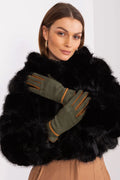 Gants élégants pour femmes en tissu lisse avec empiècements contrastés entre les doigts, bretelles décoratives tressées contrastées aux poignets, fleurs brodées au pouce et index, polyester 90 % spandex 10 %