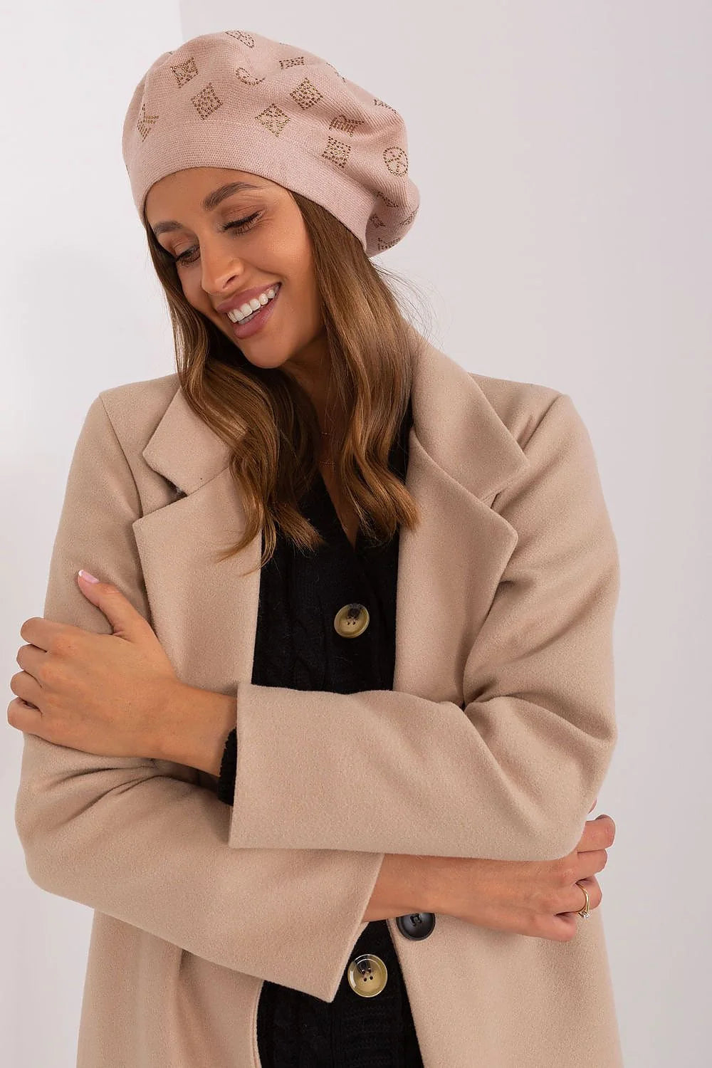 Béret en tricot pour femme, style traditionnel moderne, beige rosé, strass, laine, coton, cachemire, accessoire mode élégant
