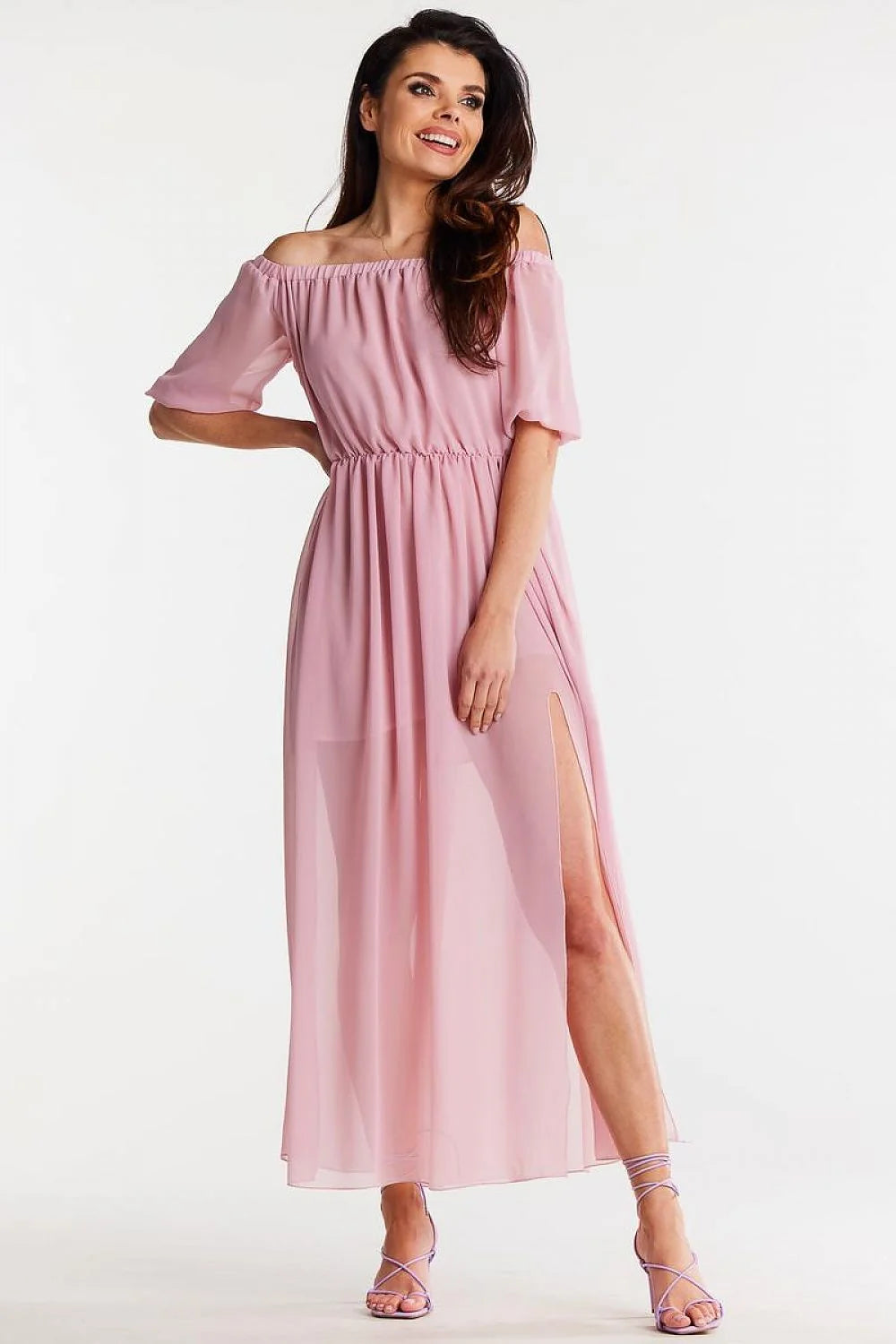 Robe de jour élégante longue manches courtes en mousseline rose pastel Bardot encolure élastique taille ajustable pour femme