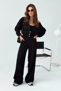 Balancia ensemble noir cardigan asymétrique drapé bouton doré pantalon ample taille haute jambe large maille stretch fluide confortable casual chic