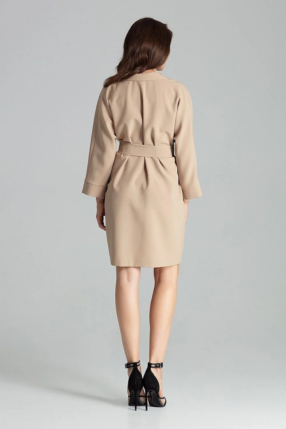 Robe élégante femme coton bleu profond col revers manches longues ceinture métallique moderne chic