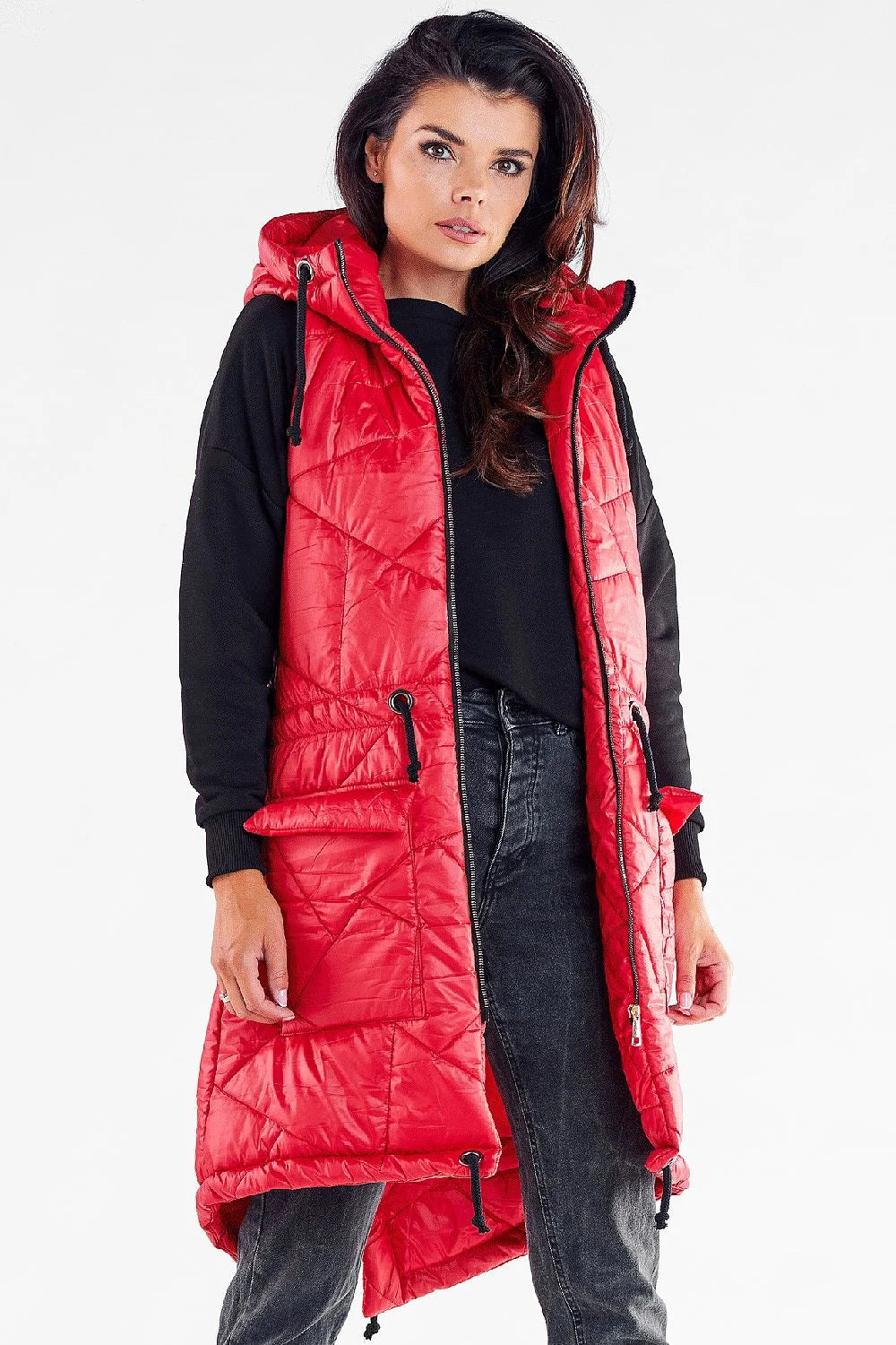 Gilet longue ligne épurée matelassé rouge femme automne hiver polyester 100% capuche cordon serrage poches