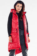 Gilet longue ligne épurée matelassé rouge femme automne hiver polyester 100% capuche cordon serrage poches
