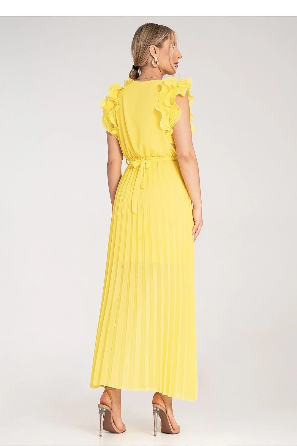 Robe de cocktail jaune vif sans manches volants taille ajustable polyester léger robe longue pour femme soirée été