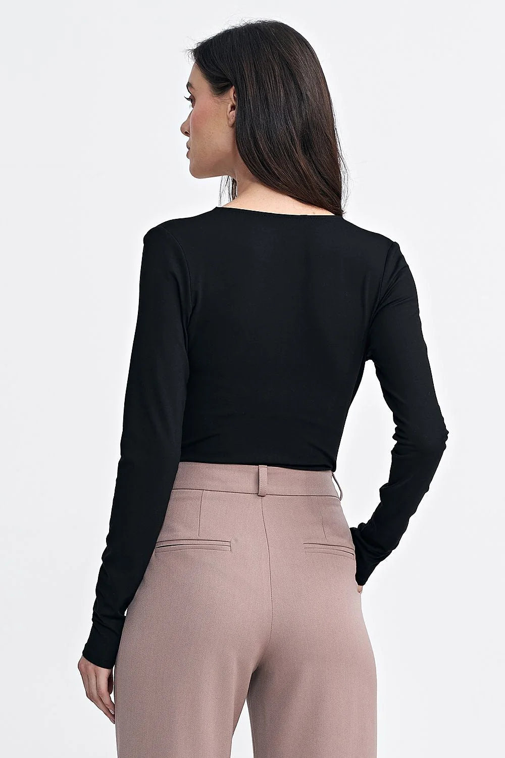 Haut et pantalon femme élégant manches longues col V profond portefeuille design taille haute plis couleur noire beige clair