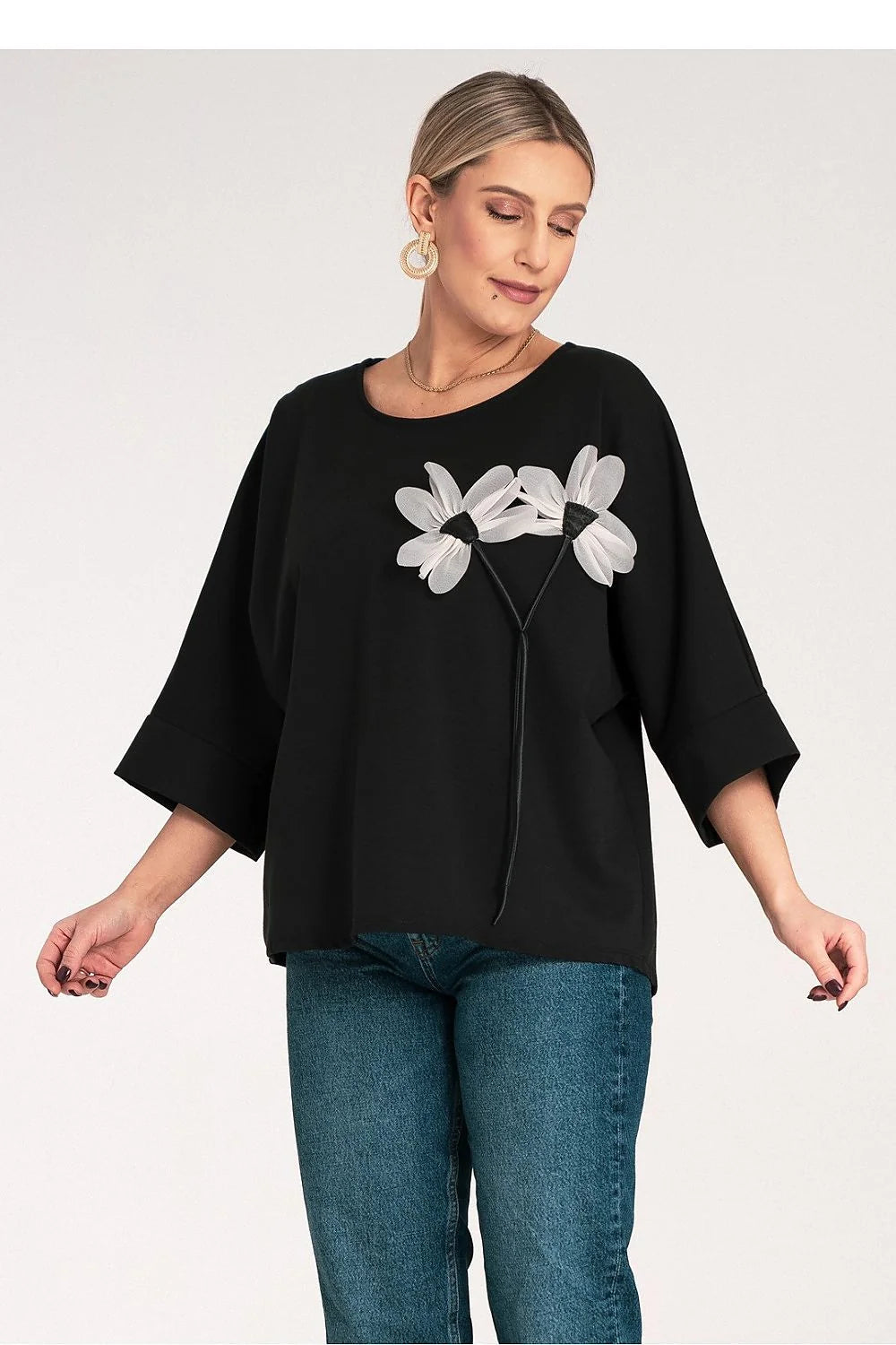 Chemisier pour femme élégant décontracté coupe ample manches mi-longues motif floral fleurs blanches noires tissu doux