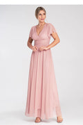 Robe longue élégante style romantique couleur rose poudré tissu léger taille empire souplesse femme