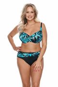 Ensemble bikini tropical moderne femme motif feuilles bleues noires tailles hautes microfibre élastique stretch plage piscine