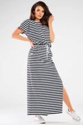 Robe de jour Infinite You longue manches courtes rayures noires et blanches coton lycra taille ajustable femmes été printemps