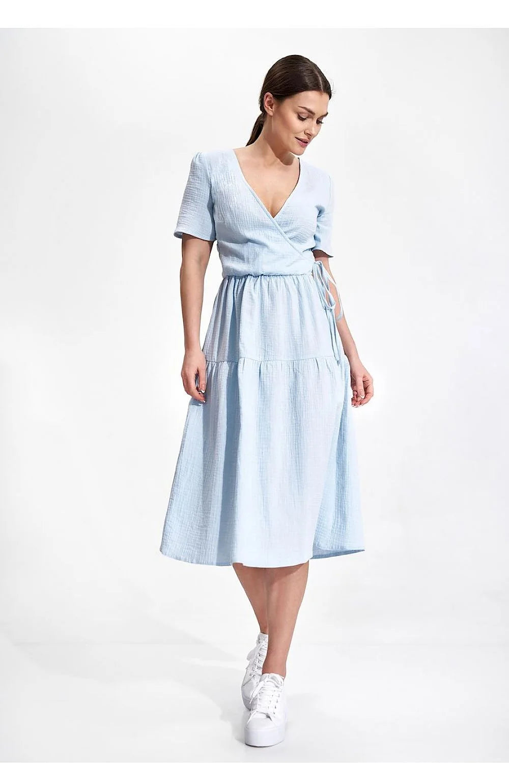Robe de jour élégante été manches courtes encolure enveloppante coton 100 % taille ajustable femme