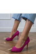 escarpins femme fuchsia suède cuir écologique embout métallique doré bout pointu talon aiguilles 10cm élancée semelle intérieure confort soirée chic