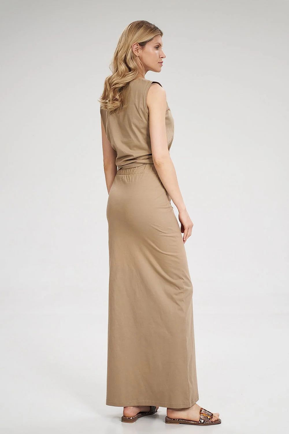 Robe longue en coton beige casual élégante avec ceinture drapée fente pour femme moderne