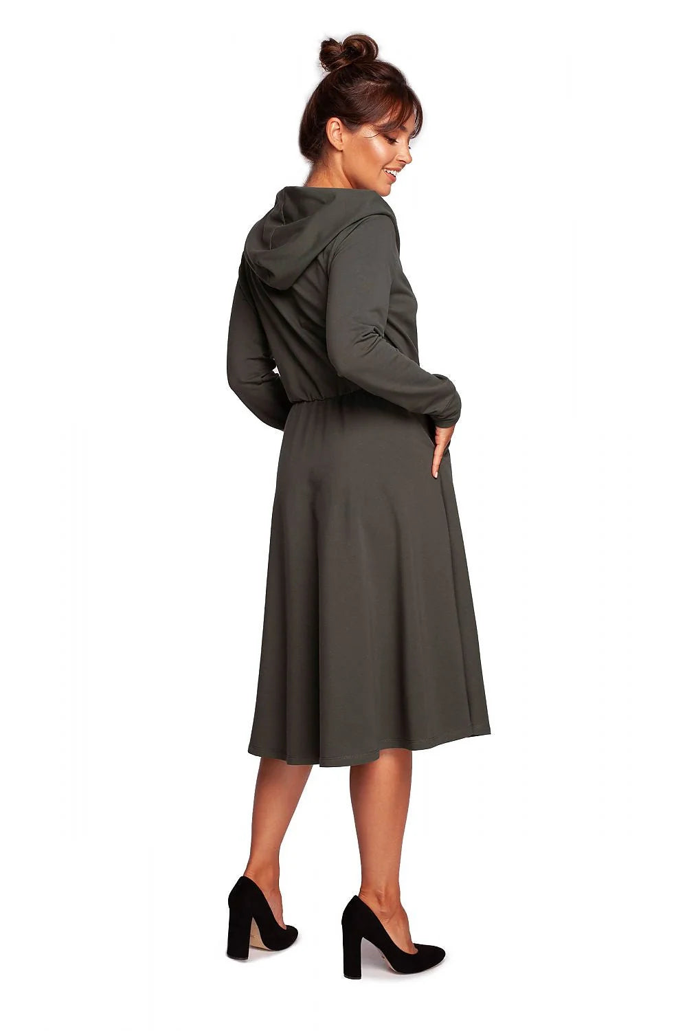 Robe de jour féminine élégante en coton élasthanne coupe A manches longues col drapé poches latérales