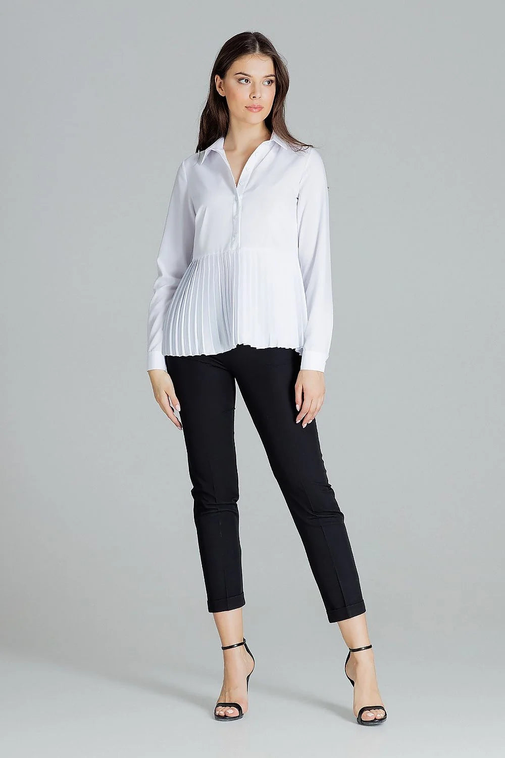 Chemisier blanc polyester élasthanne élégant manches longues plissé taille ajustable pour femmes style sophistiqué