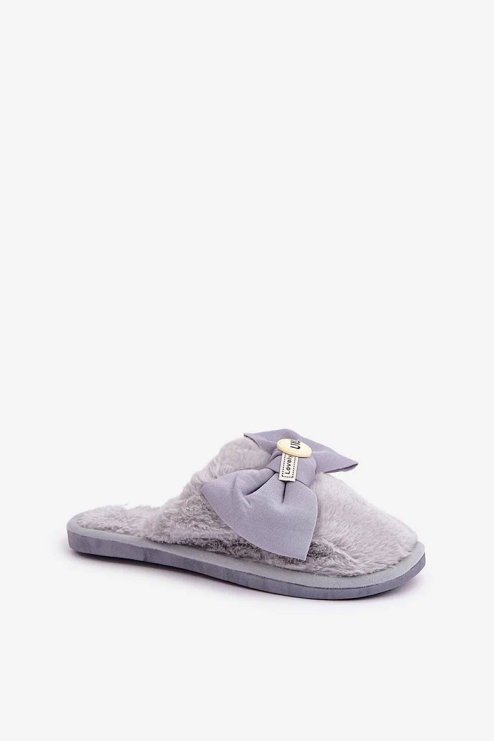 Pantoufles femme confortables style mule fourrure synthétique nœud décoratif couleur gris clair semelle caoutchouc doublure chaude
