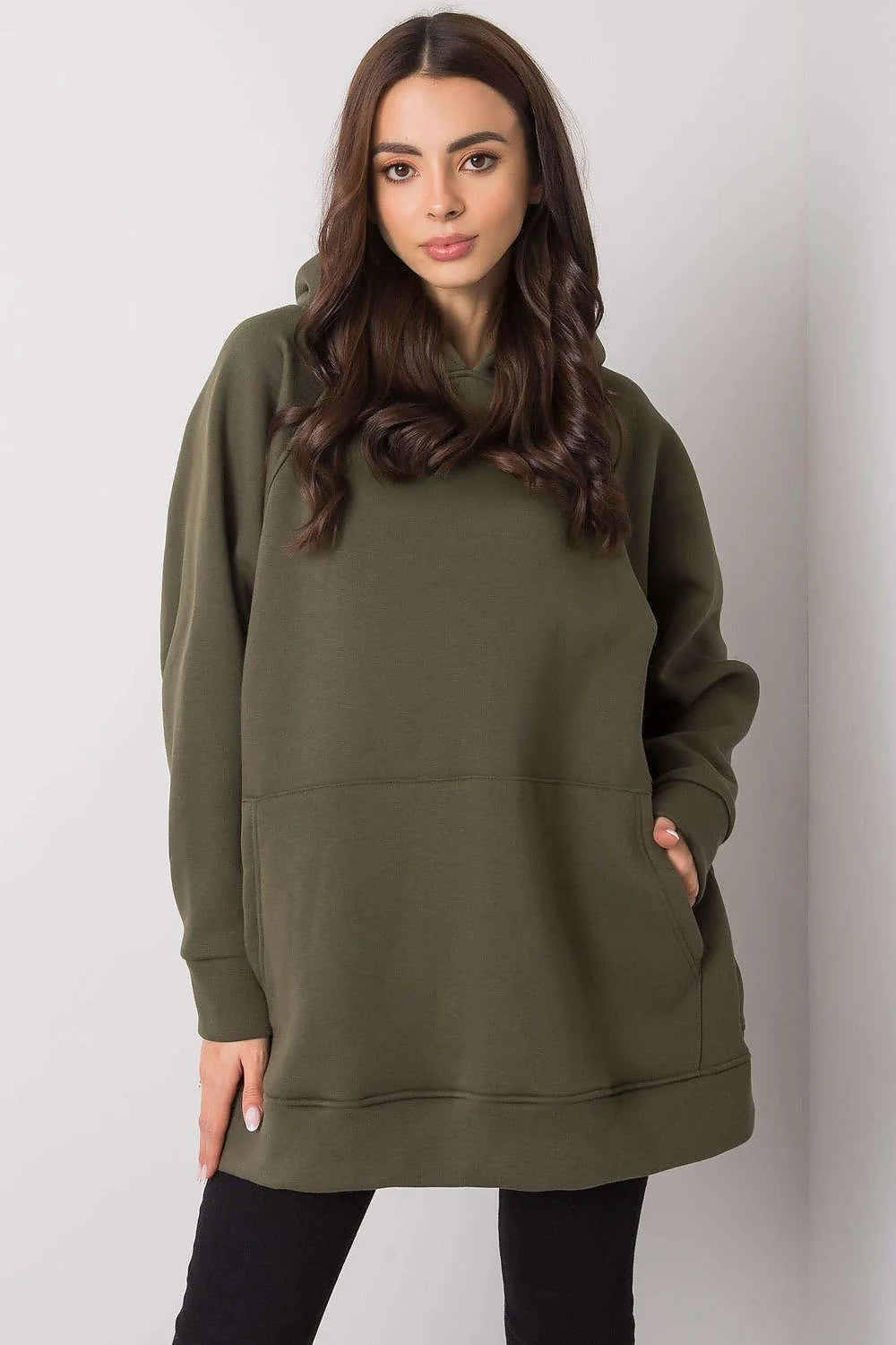 Sweat à capuche femme coton élasthanne vert olive confortable décontracté poche kangourou longue manche