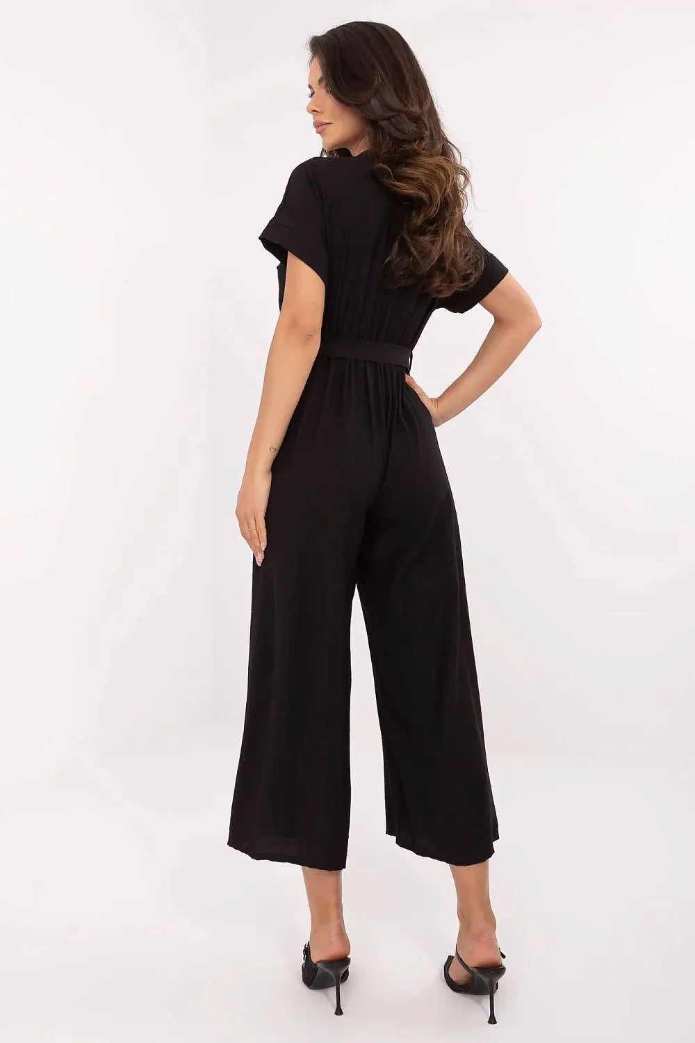 Combinaison Italy Moda élégante confortable manches courtes encolure V ceinture ajustable viscose nylon noire femmes polyvalente occasion
