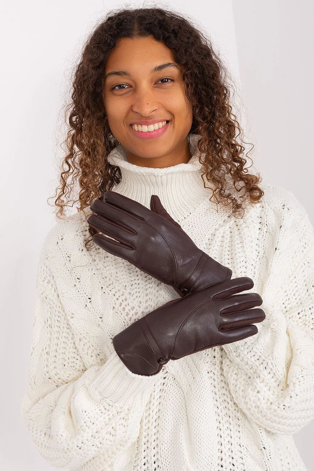 Gants élégants pour femmes en cuir marron foncé avec broderie fleur index ajustables poignets décoratifs occasionnels