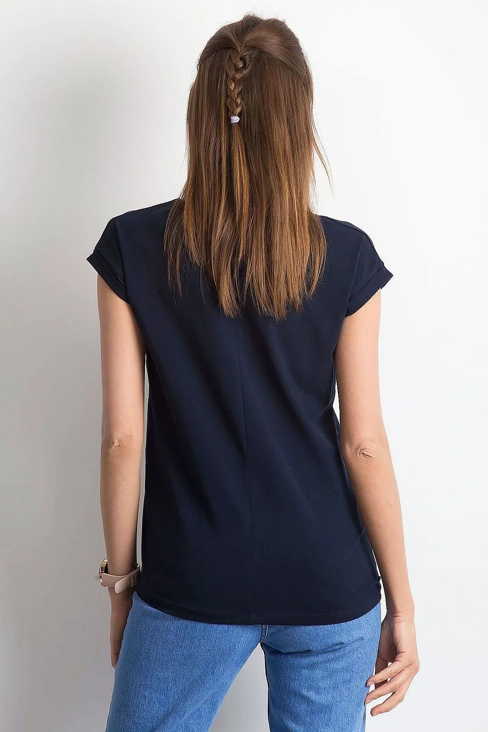 T-shirt femme à col en V manches courtes bleu marine en coton ajusté confortable style minimaliste versatile