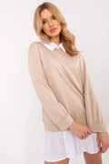 ensemble femme preppy beige sweat oversize col chemise blanc bas apparent maille fine coton coupe ample