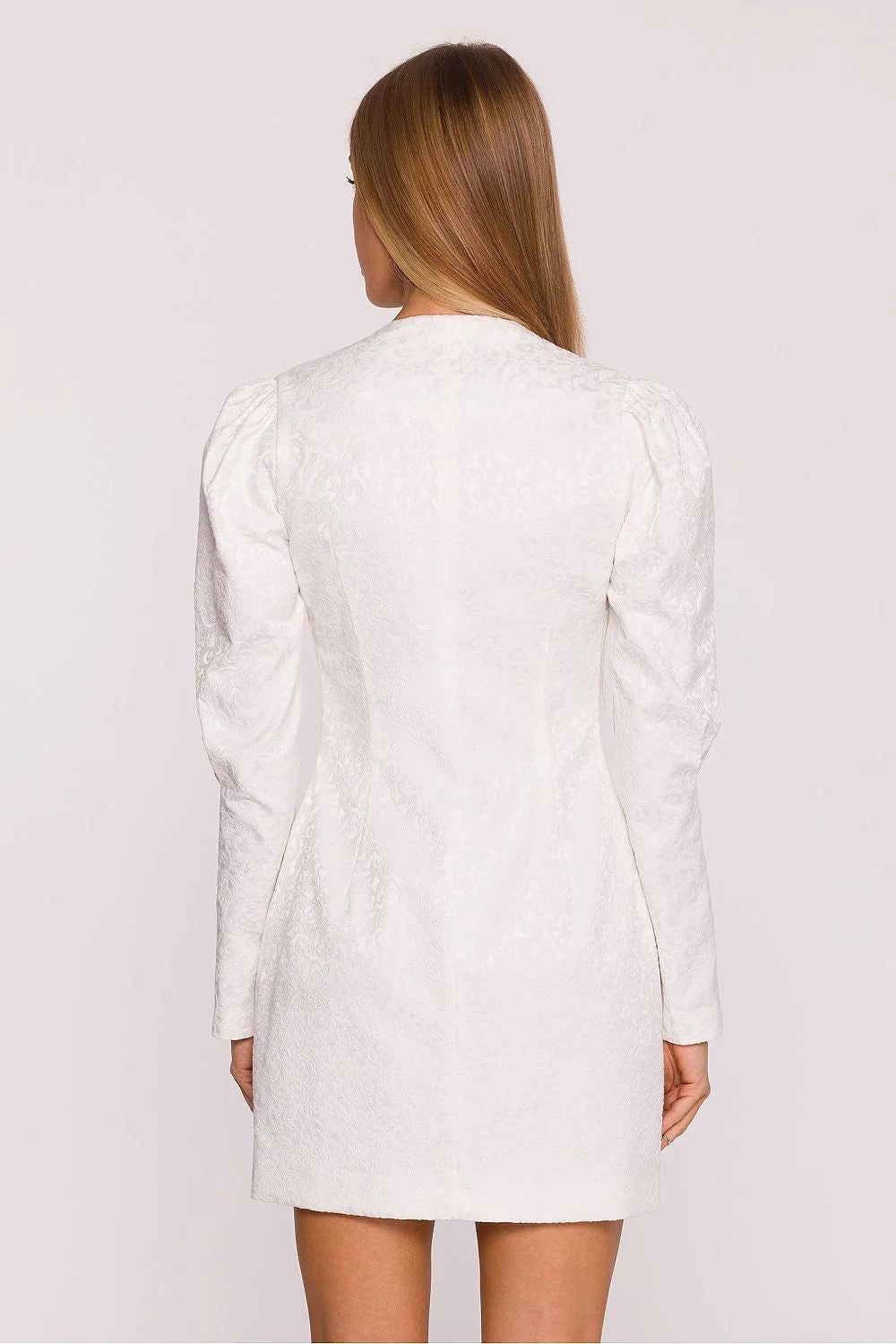 robe blazer courte blanche jacquard damassé floral motif végétal satinée ajustée encolure V profonde manches bouffantes poches rabat