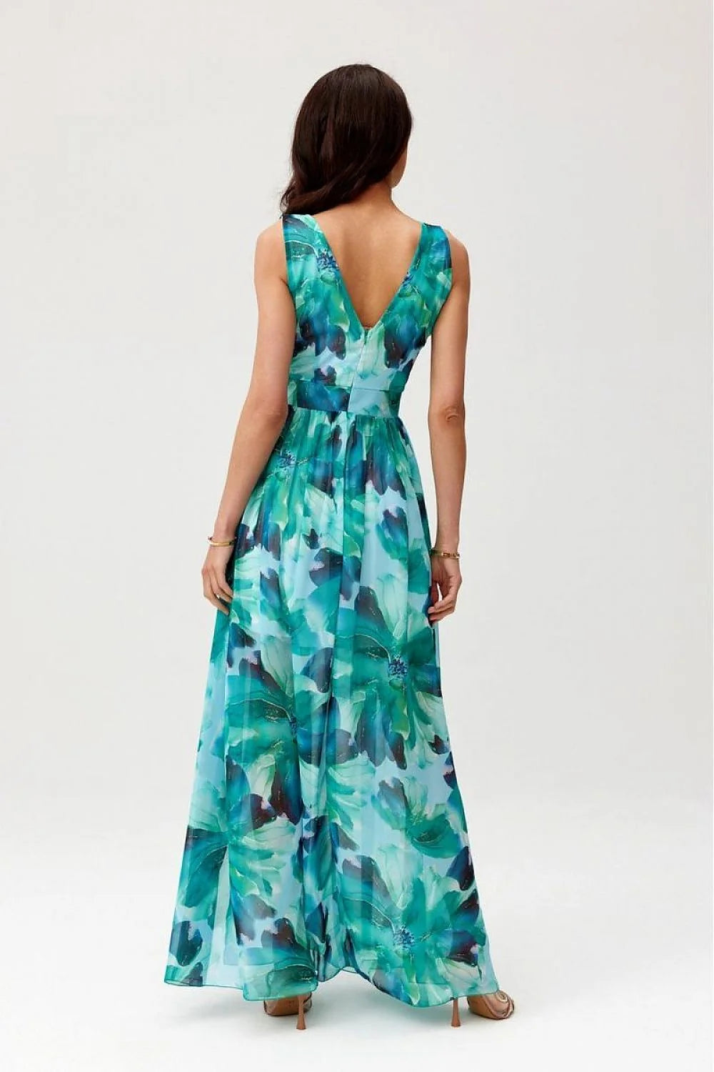 Robe de jour Roco Fashion longue sans manches en mousseline bleue turquoise verte dentelle noire taille ajustable femme