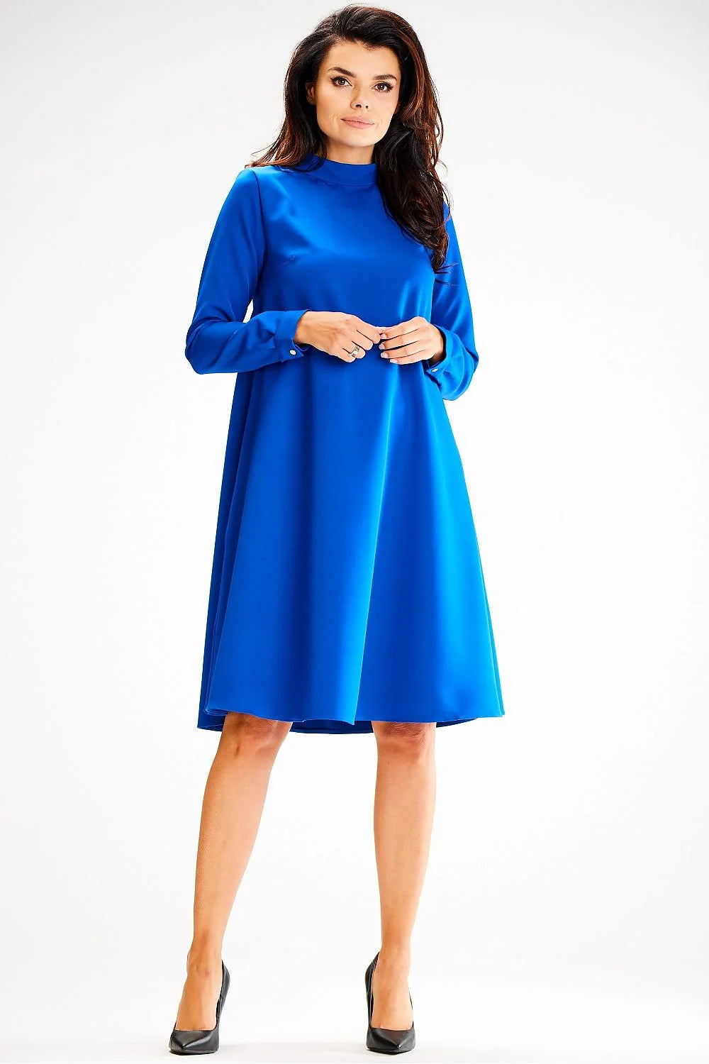 Robe élégante bleu cobalt manches longues col montant coupe droite évasée robe jour awama femme occasionnels