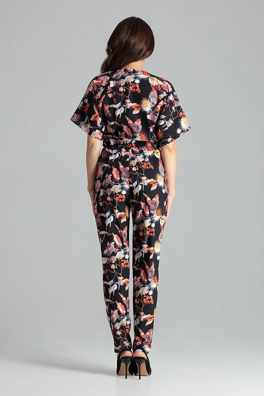combinaison pantalon femme bleu électrique col V croisé manches kimono courtes taille cintrée élastique jambes droites effilées tissu fluide drapé