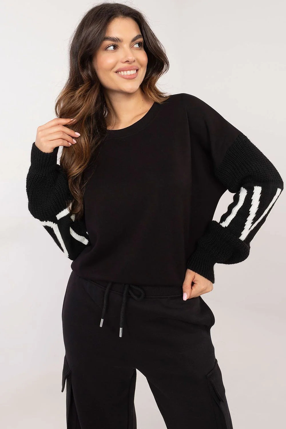 ensemble casual femme deux pièces noir rayures manches longues oversize coupe ample pantalon taille élastique poches cordons argentés