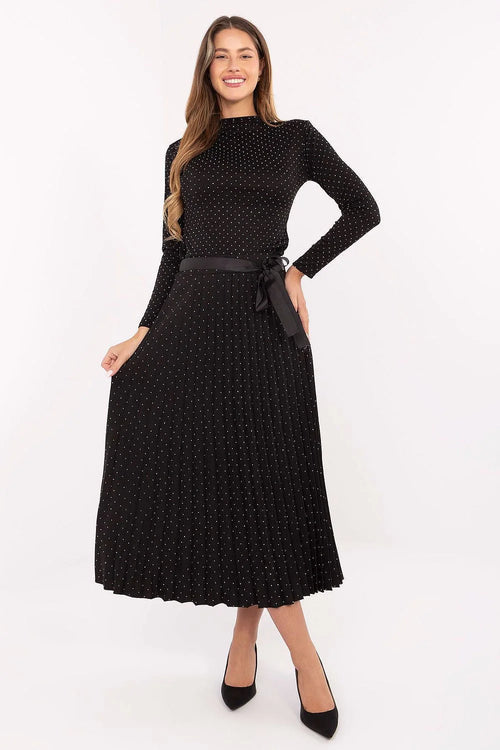 jupe plissée midi féminine élégante viscose élasthanne fluide soyeuse taille élastique ceinture ruban satiné nouée strass scintillants noir évasée raffinée