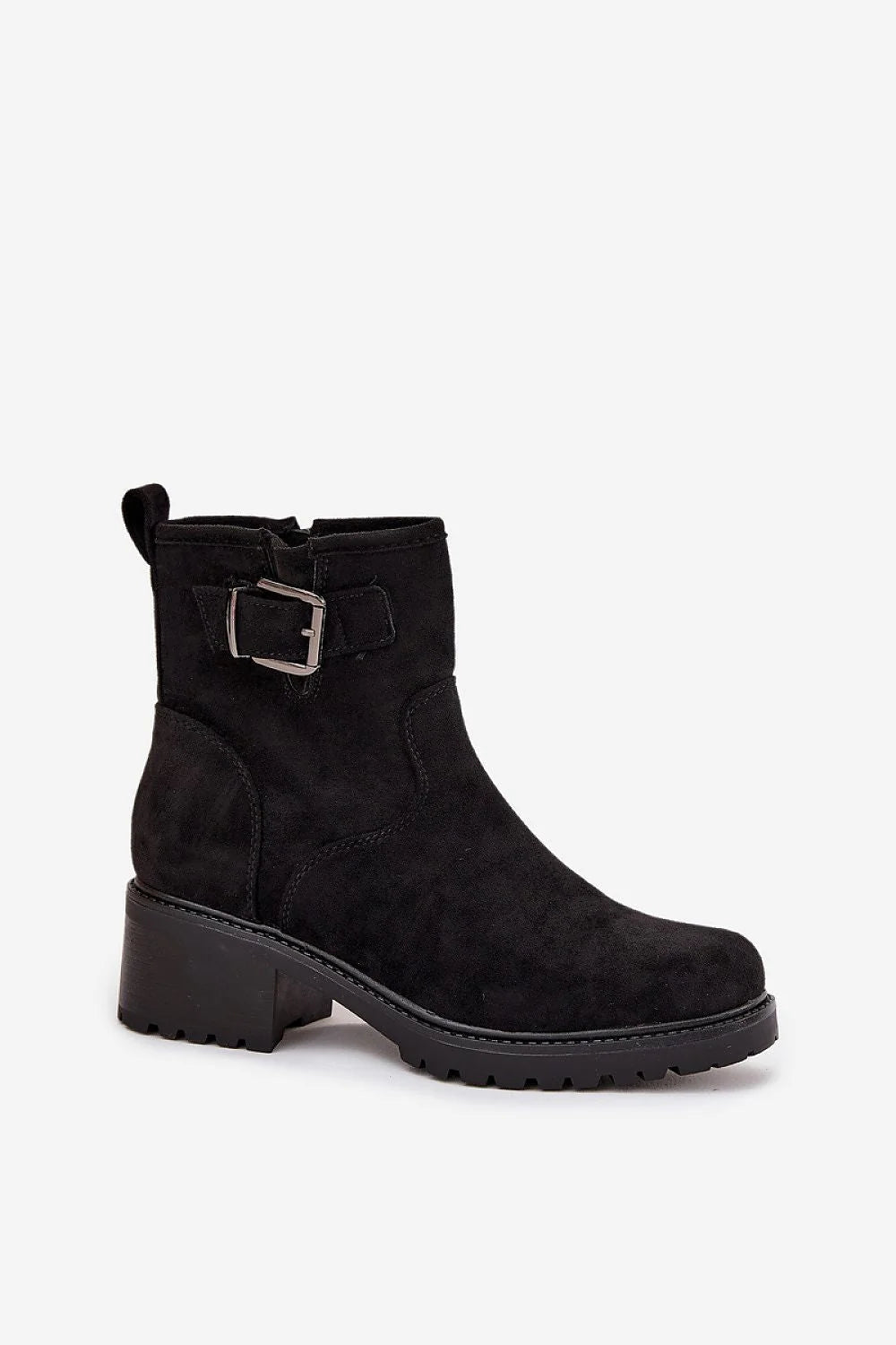 bottines femmes suédine écologique noir talon bloc stable intérieur doublé fourrure douce tige cheville bride réglable boucle argentée