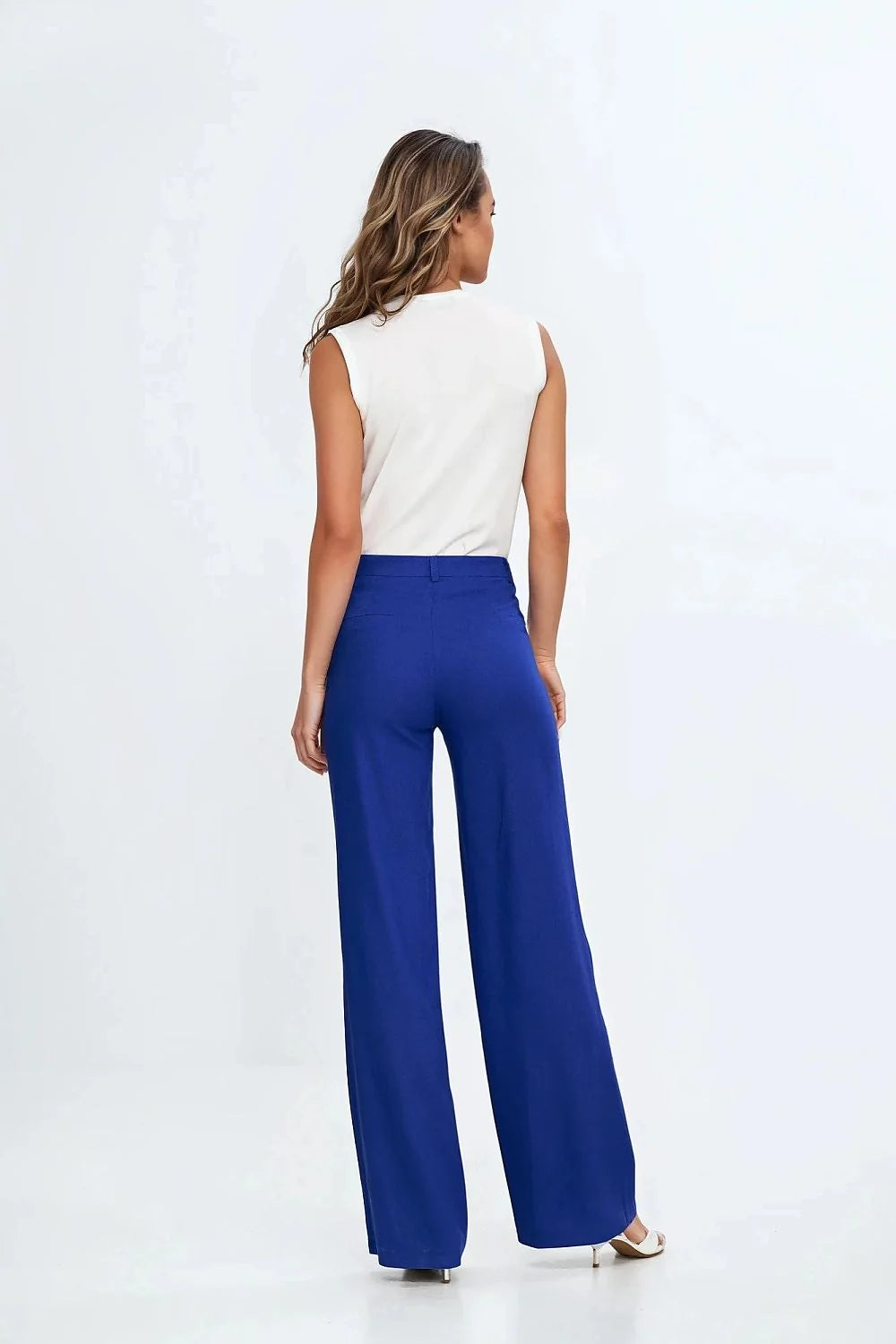 Pantalon long ajusté pour femme en rayonne et lin, coupe bootcut, taille haute, fermeture éclair, couleur bleu vif, occasion bureau, confort et style
