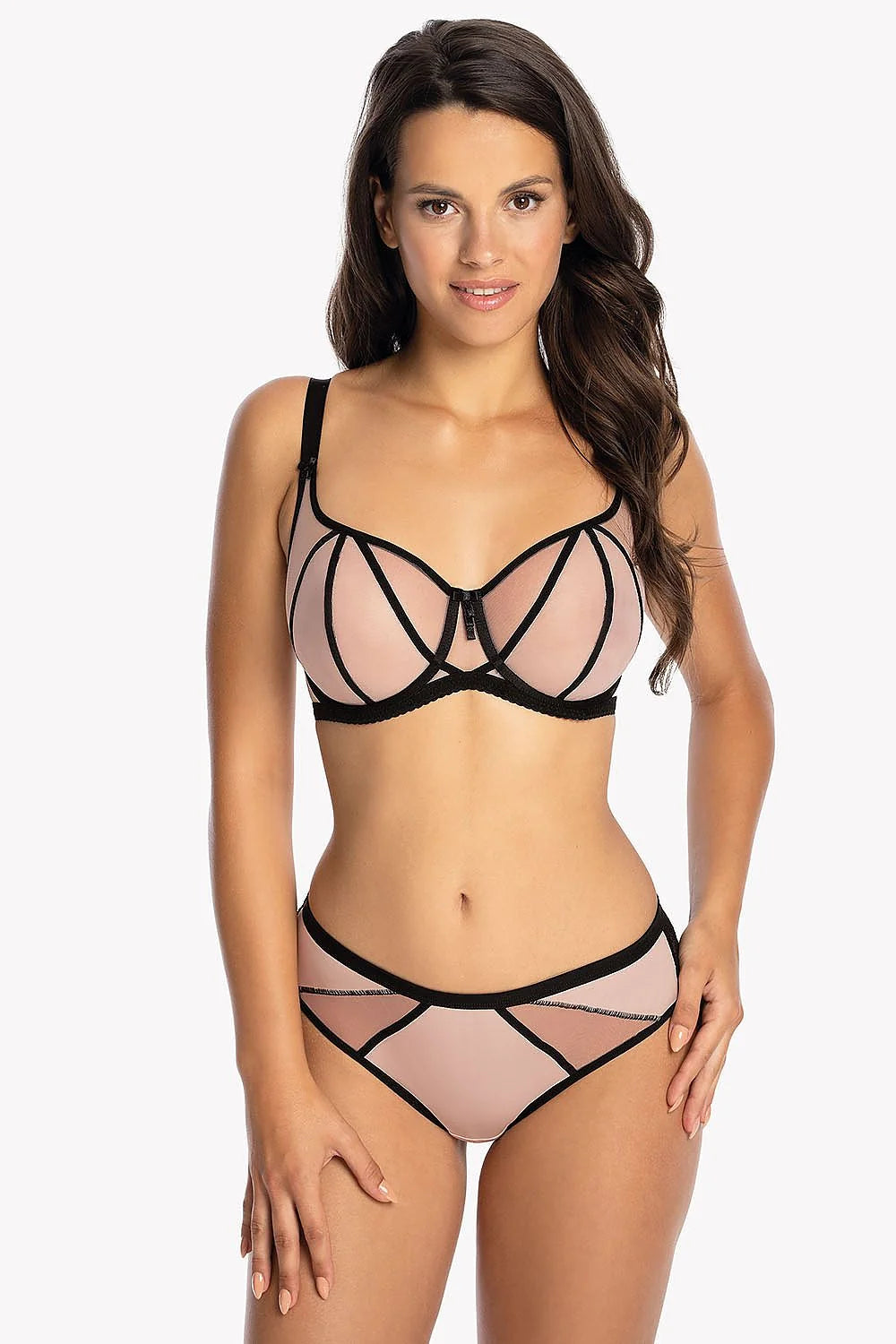 Soutien-gorge féminin élégant style balconnet motif géométrique tulle rose pâle ruban noir construction SB6 femmes occasion spéciale lingerie high-tech