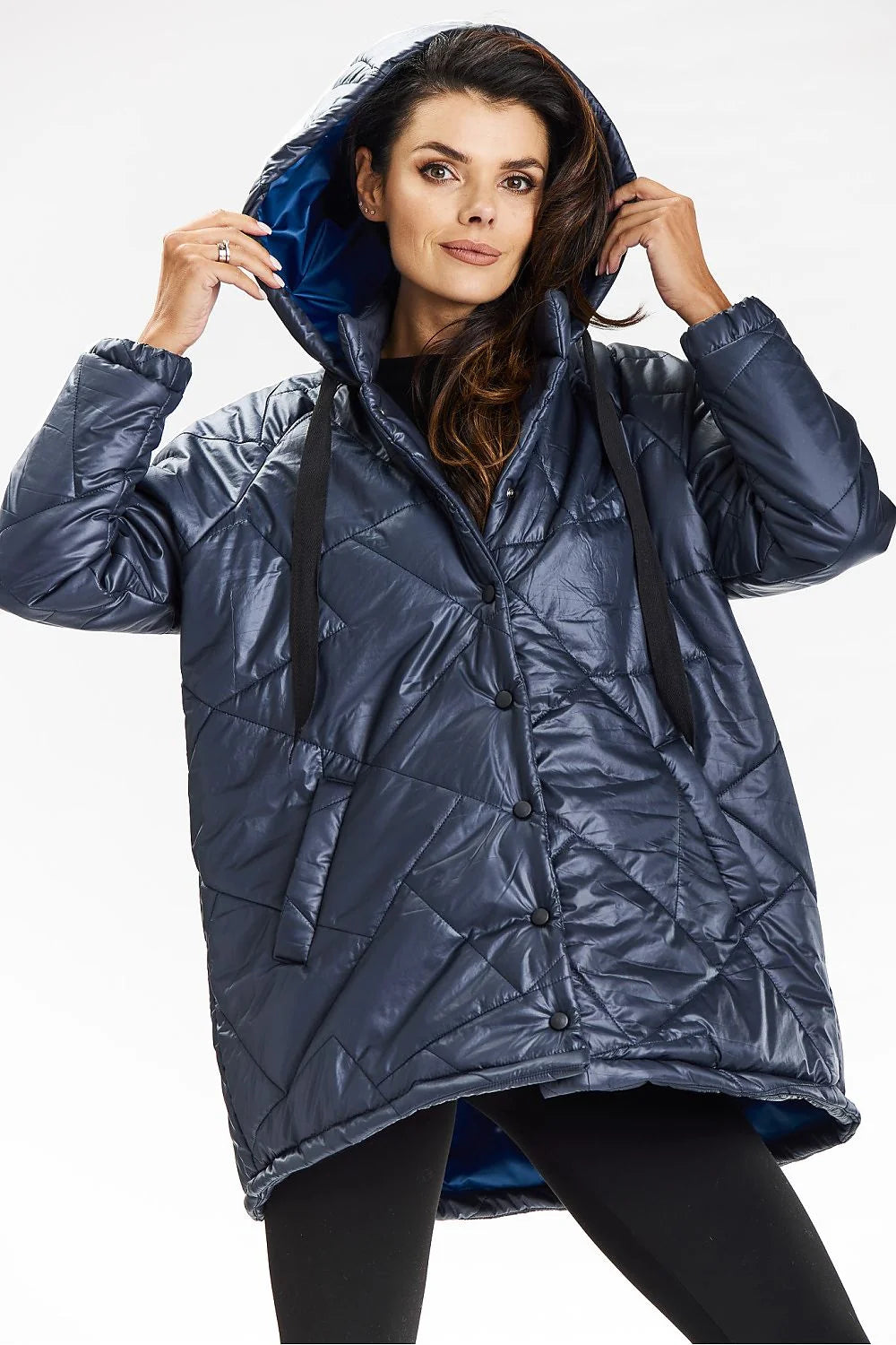 Veste femme matelassée bleu nuit capuche longues manches polyester style moderne fonctionnel
