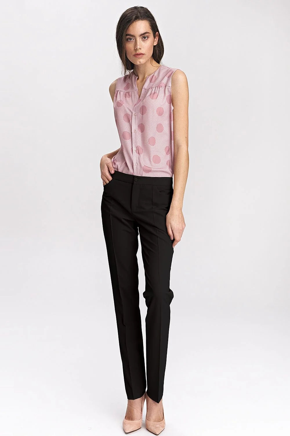 Pantalon femme Nife noir style classique coupe droite polyester élasthanne viscose taille moyennement haute poches latérales fermeture bouton éclair