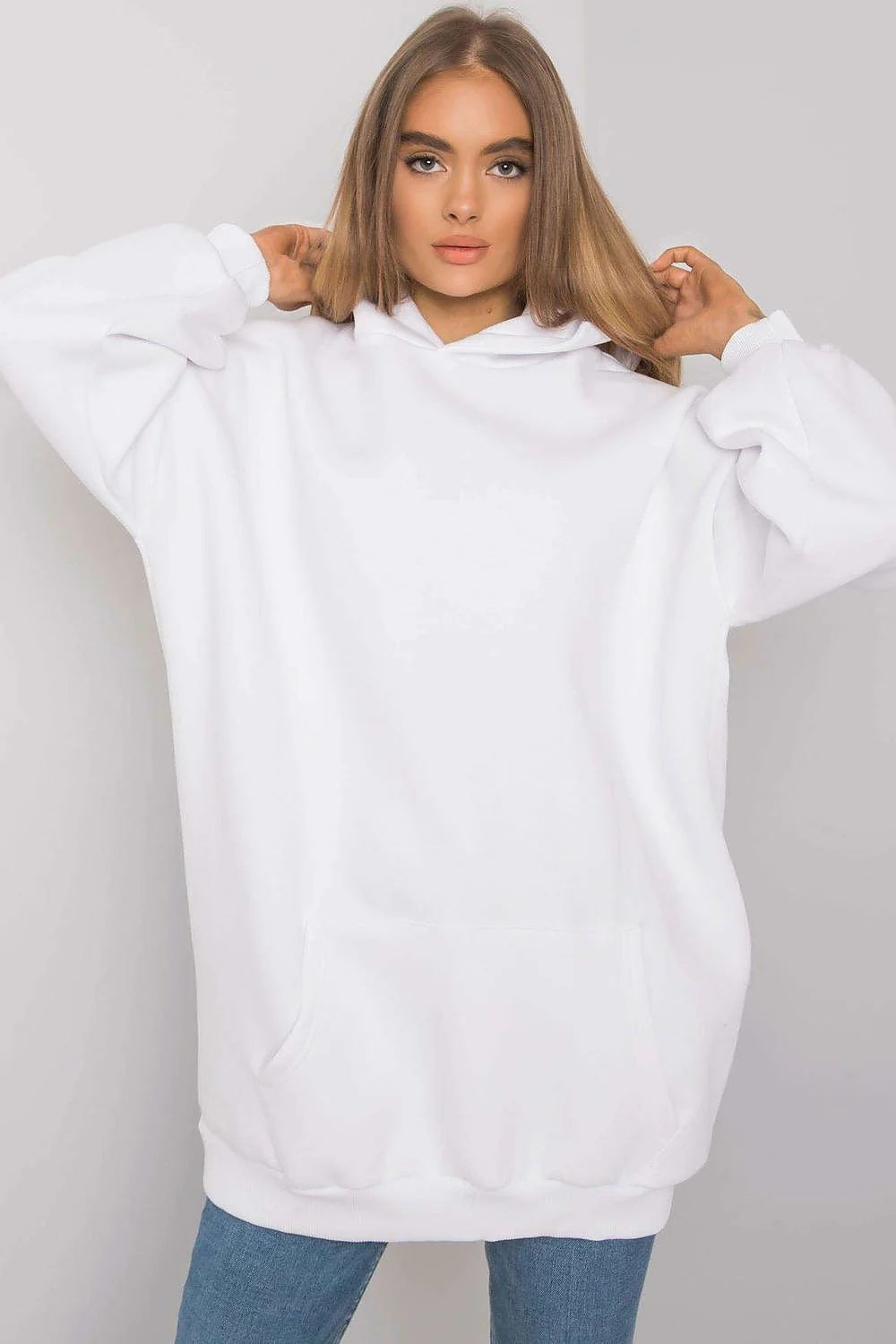 sweatshirt oversize femme blanc molleton doux coton élasthanne coupe ample mi cuisses capuche large manches longues poche kangourou