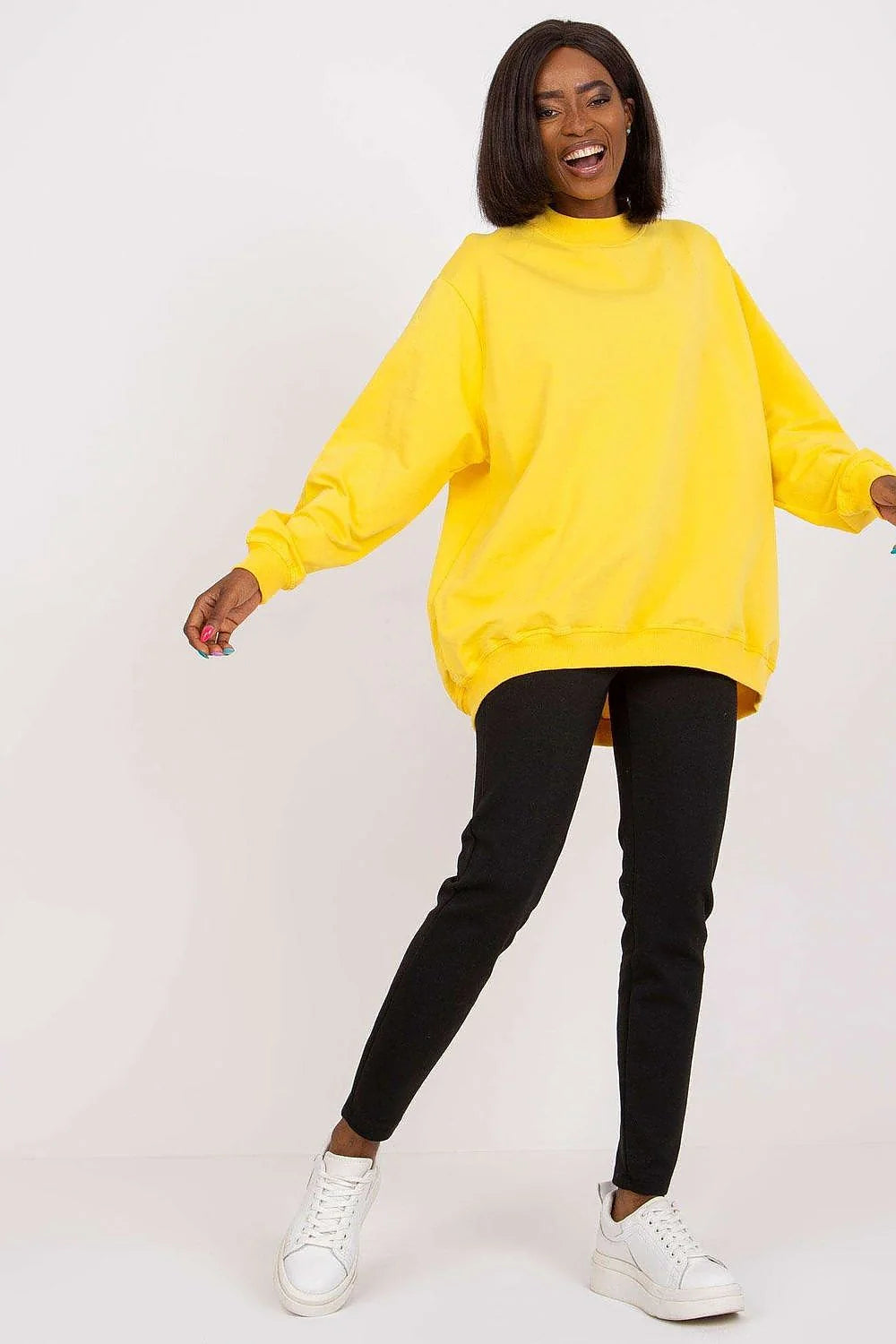 Sweatshirt BFG pour femme en coton 90% élasthanne 10%, style casual oversize, couleur bleu vif, manches longues, col rond côtelé, idéal pour tenues urbaines et décontractées