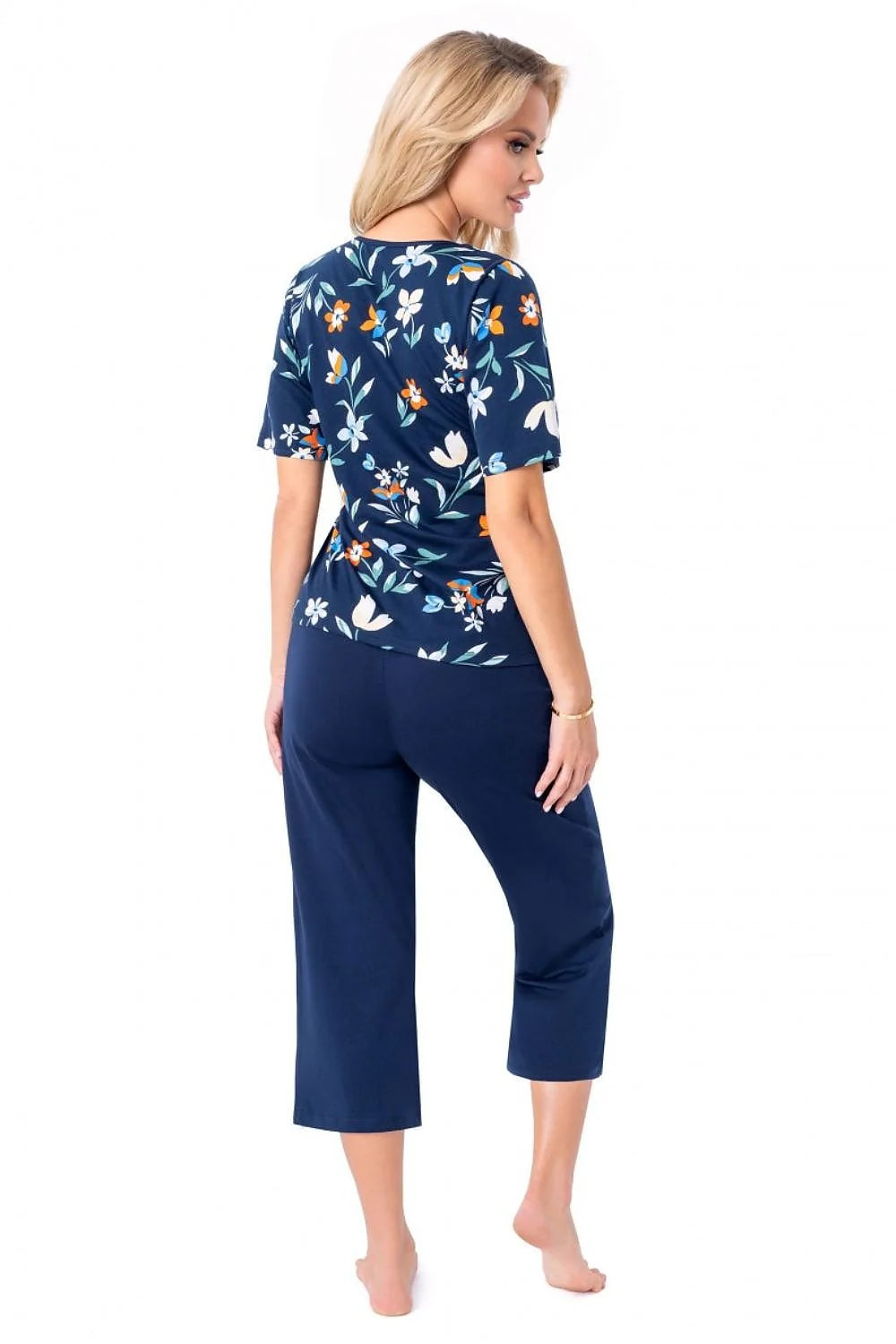 pyjama coton naturel haut manches trois quarts imprimé floral multicolore pantalon large trois quarts bleu marine coupe confortable léger fluide