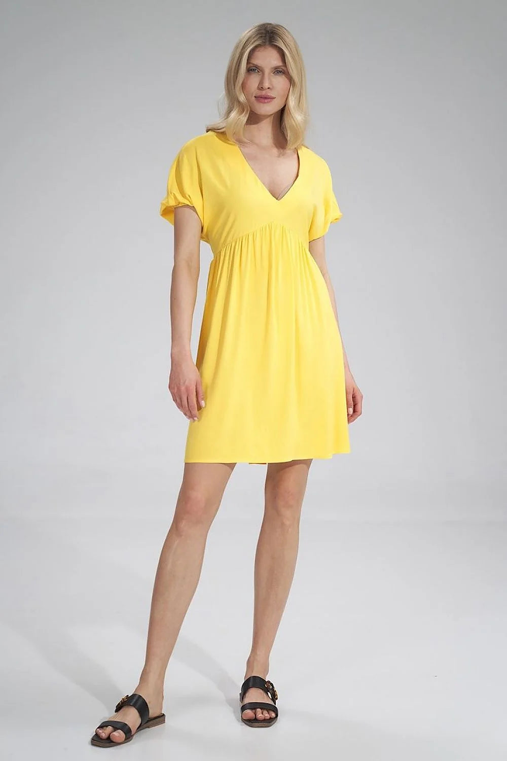 Robe de jour en coton chic jaune vif manches courtes pour femme style ample été