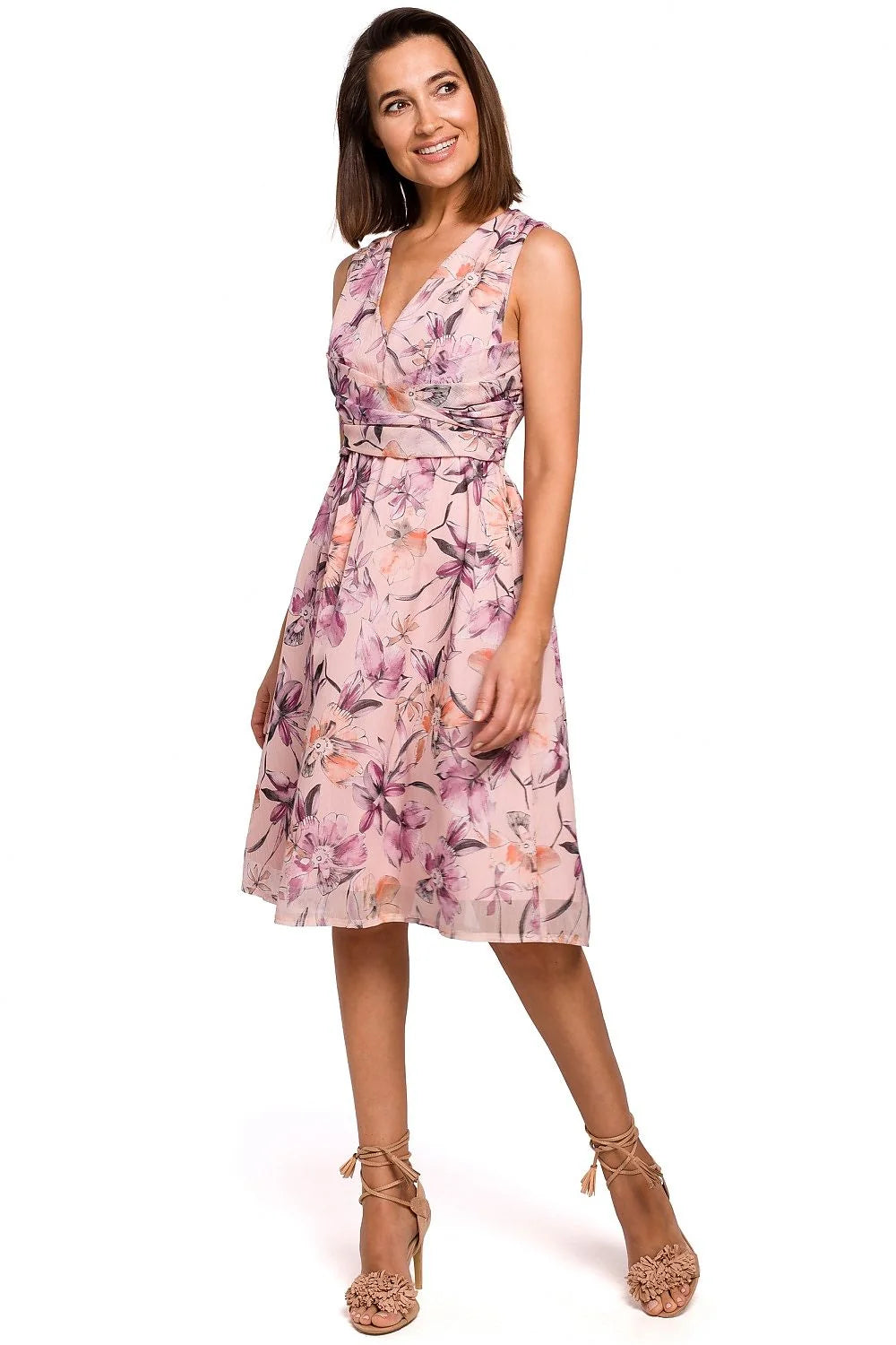 robe midi sans manches décolleté plongeant drapé froncé taille cintrée ceinture décorative tissu polyester fluide imprimé floral bleu pastel romantique