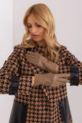 Manteau hiver femme élégant pied-de-poule marron noir cuir noir poignets larges poches avant gants cuir taupe